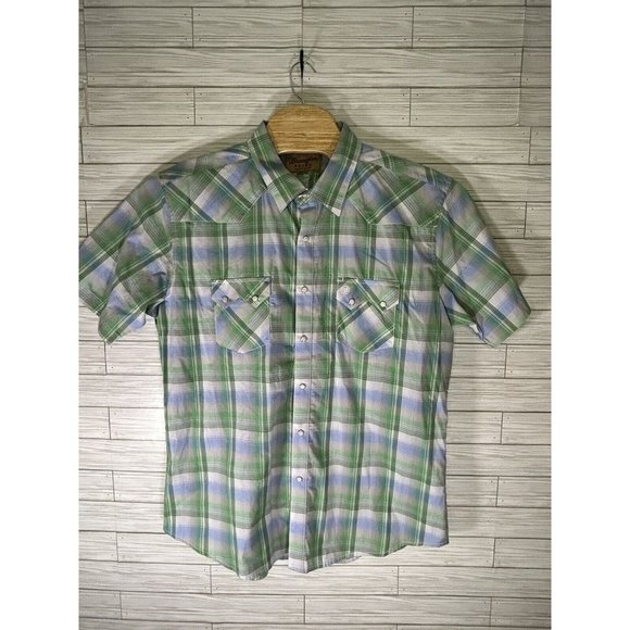 Wrangler Shirt Western Fashion Pearl Snap Button Up Plaid Green Short Slv Sz 2XL - Picture 1 of 8